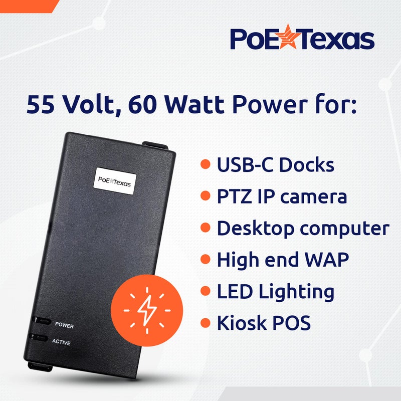 Poe Texas 60 watt PoE Injector - 802.3bt PoE++ Single Port 4-Pair Power Over Ethernet Injector - Active PoE Adapter with 55V 60W Output - 10/100/1000 Gigabit Data - Mode A/B Wall Mount Plug & Play - Image 5